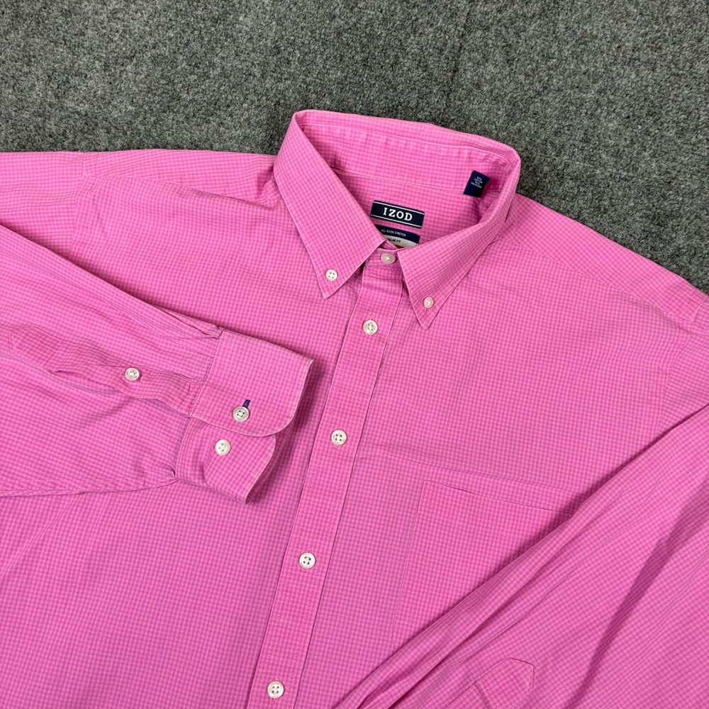 IZOD Mens Size XL Regular Fit Pink Gingham Stretch Long Sleeve Button Down Shirt